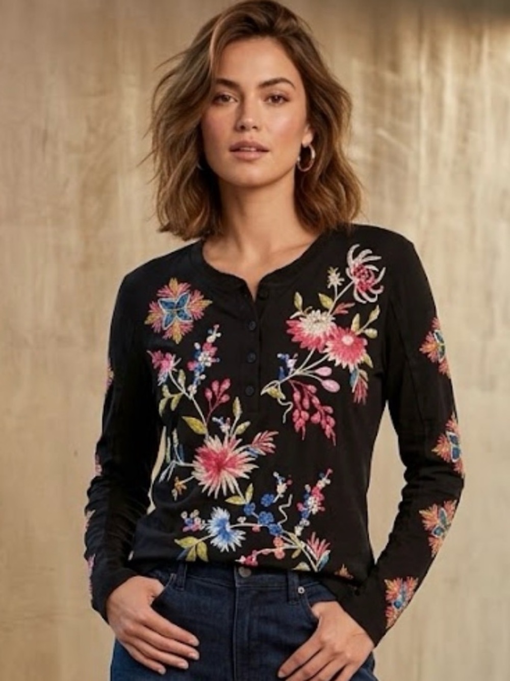 Johnny Was Floral Embroidered Long Sleeve Top